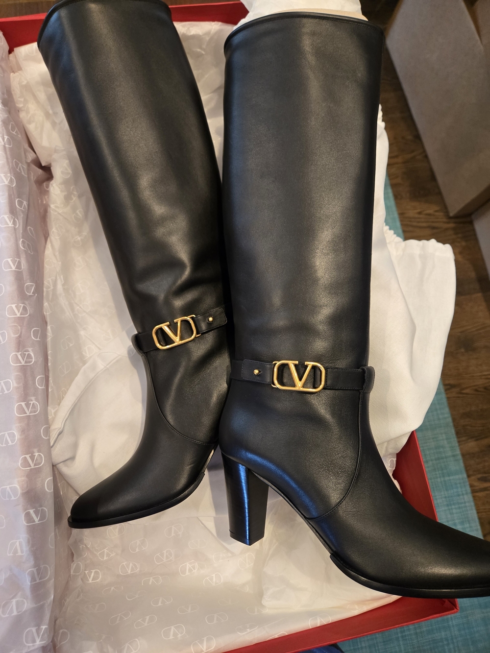 Valentino Garavani VLogo Black Leather Tall Heeled Boots